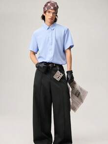 Manfinity Streetrush Men's Basic Casual Solid Color Loose Fit Pants Black Wide Leg Trousers Men Baggy For Fall - Black - View 8