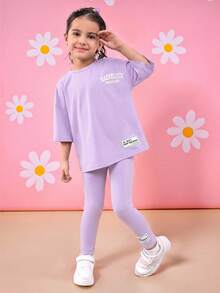 SHEIN 女童 2件組字母印花落肩T恤與長褲套裝，適合夏季、學校、返校季、情人節禮物 - 淡紫色 - 查看 2