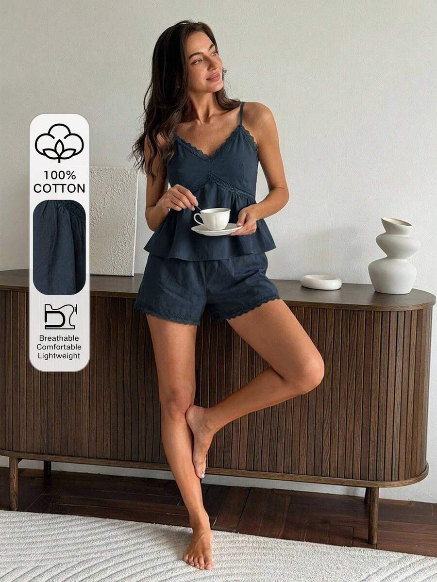 DAZY 2pcs Lace Patchwork Sleeveless Camisole & Short Pajama Pants Set, Summer Women's Sleepwear - Navy Blue - View 1