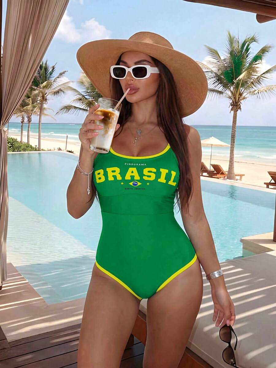 Swim SXY Women's Letter Print Contrast Color Vacation Jumpsuit For Beach - Green - View 1