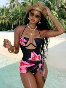 SHEIN Swim 女款一件式泳衣 硬罩杯鋼圈黑色鏤空設計，附配套遮陽裙，適合海灘度假、泳池派對、夏季熱帶性感風 - 黑色 - 查看 3
