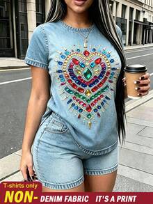 Rovax 女款時尚水鑽牛仔印花圓領短袖T恤 - 彩色 - 查看 1