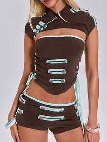 ACID BLVD Spring/Summer Y2K Hot Girl Sporty World Cup Outfit Napoleon Double-Breasted Button Decor Ultra Cropped Tank Top And Camisole 2pcs Set - Brown - View 9