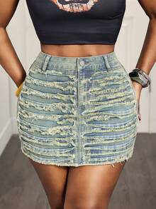 Slaydiva Women's Button Frayed Hem Casual Street Versatile Daily Denim Mini Skirt Going Out Night Out Nightout Grey Summer - Green - View 5