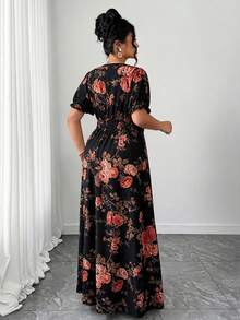 Elenzga Plus Size Women's V-Neck Floral Print Split Design Elegant Cinched Waist Party Summer Dress - Black - View 2