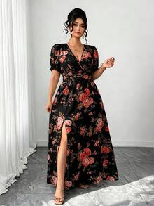 Elenzga Plus Size Women's V-Neck Floral Print Split Design Elegant Cinched Waist Party Summer Dress - Black - View 3