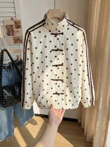 Comfortcana Plus Size Colorblock Striped Polka Dot Print Sweatshirt Fall - Apricot - View 5