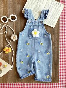 SHEIN Vintaside Kids 1件女嬰藍色牛仔休閒可愛刺繡花卉吊帶褲，適合外出、夏季度假與秋季穿著 - 藍色 - 查看 7