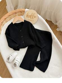 SHEIN Baby Girl Solid Color V-Neck Long Sleeve Top And Pants Casual Daily Knit Set - Black - View 4
