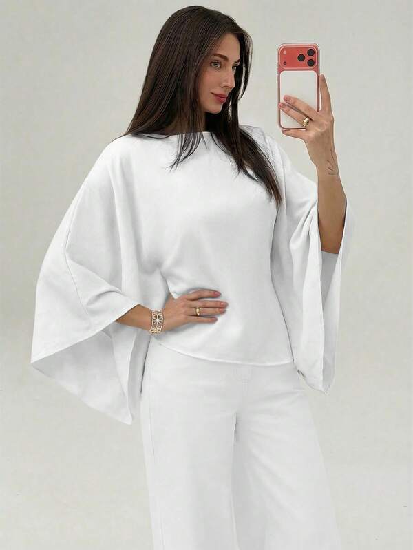 Aloruh Boat Neck Voluminous Sleeve Cinched Waist Commuter Shirt