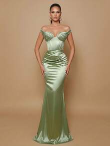 Glamrae 優雅淺灰色亮面高彈性緞面露肩極簡主義美人魚禮服，適合海邊度假、多場合穿著、音樂節、約會、晚餐、拍照、夏季、生日派對、畢業典禮、嬰兒洗禮、百搭、休閒出遊、婚禮活動、單身女郎派對、所有正式場合，女款晚禮服 - 草綠色 - 查看 1