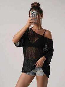 SHEIN ICON Women's Fashion Vacation Asymmetrical Shoulder Sheer Knit Top - Black - View 3