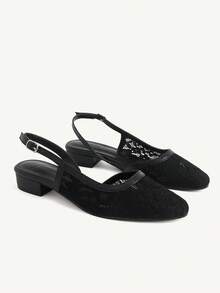 CUCCOO CHICEST Women Shoes Round Toe Thick Heel Side Slingback Black Lace Mesh Back Strap Sexy Fashion Elegant With Skirt Daily Versatile Banquet Party Women Flat Shoes Fall Shoes - Black - View 1
