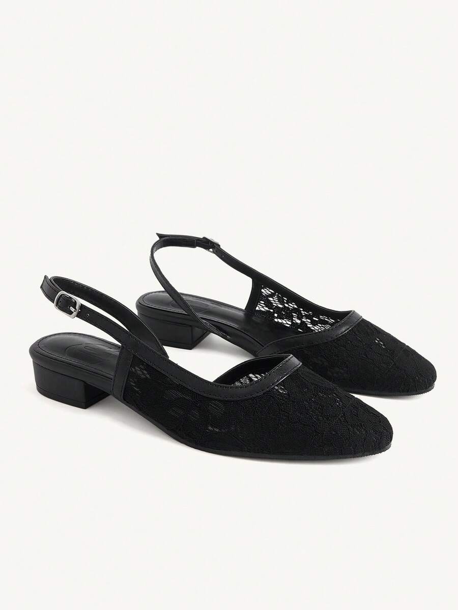 CUCCOO CHICEST Women Shoes Round Toe Thick Heel Side Slingback Black Lace Mesh Back Strap Sexy Fashion Elegant With Skirt Daily Versatile Banquet Party Women Flat Shoes Fall Shoes - Black - View 1