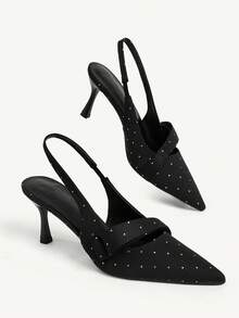 CUCCOO CHICEST Women Shoes Black Canvas Bow Pointed Toe Middle Heel Back Trip Band Women's Shoes Suitable For Daily Commuting Dating Slingback Shoes Fall Shoes - Black - View 1