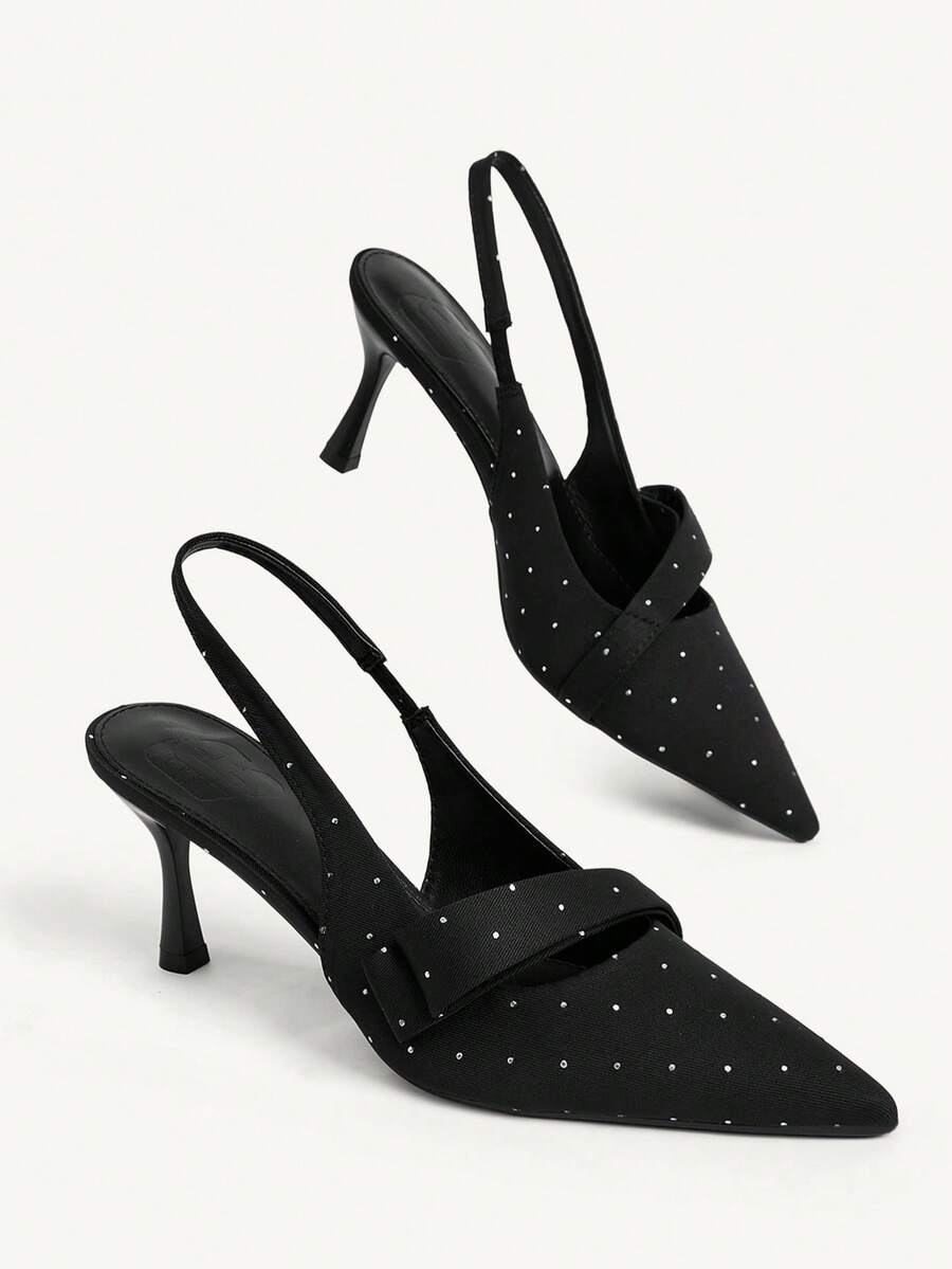 CUCCOO CHICEST Women Shoes Black Canvas Bow Pointed Toe Middle Heel Back Trip Band Women's Shoes Suitable For Daily Commuting Dating Slingback Shoes Fall Shoes - Black - View 1