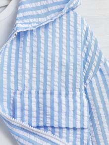 Jaket Pendek Berkerudung Lengan Panjang Motif Garis Vertikal Biru Putih Segar untuk Anak Perempuan Remaja, Potongan Longgar, Musim Gugur, Kembali ke Sekolah, Kasual Lucu Gaya Preppy, Crop Top, Pelajar - Biru - View 5