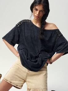 Bohemela Summer/Fall, Casual Black Knit Loose Washed Women's Tee With Studded Detail, Daily Wear, Concert Party & Going Out, Back To School - Black - View 8