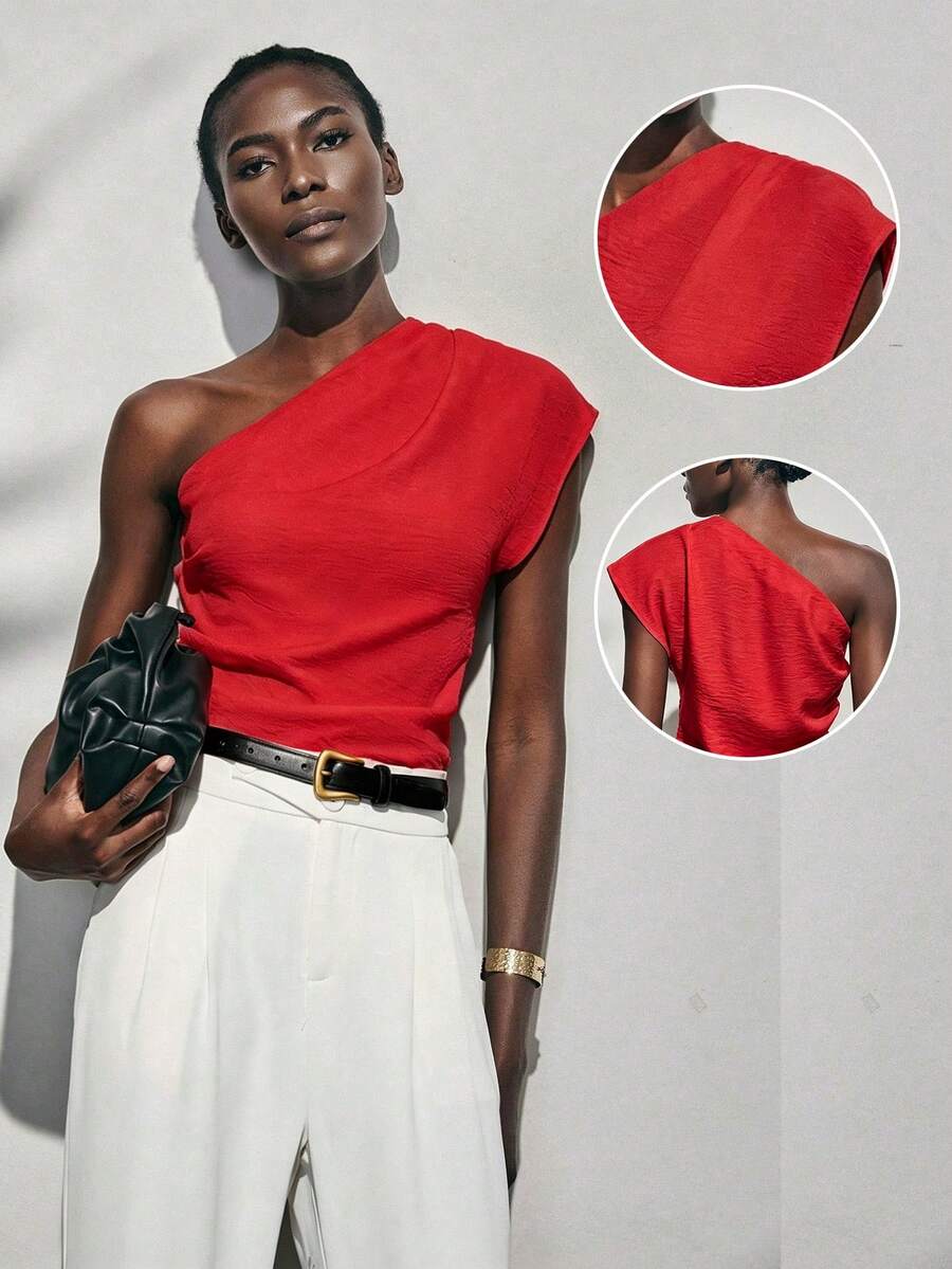 Lumivelle Women's Elegant Fashion Pleated White Relaxed Fit Asymmetrical Shoulder Blouse Romantic - Red - View 1