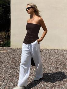 Strévra Women's Solid Color Pleated Bandeau Top, Fashionable For Vacation Tube Tops - Brown - View 2