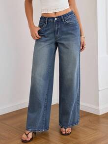SHEIN New Casual Washed Vintage Star Embroidery Decorated Mid-Waist Straight Leg Denim Jeans, Suitable For Daily Casual, Street Style, Y2K Vintage, Campus, Back To School - Medium Wash - View 2