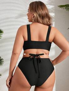 Swim Lushoire Plus Size Solid Color Hollow Chain Decorated One-Piece Swimsuit Summer - Black - View 2
