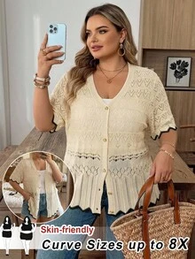 SHEIN CURVE+ 大尺碼女款對比色短袖單排扣針織開襟衫 - 卡其色 - 查看 2