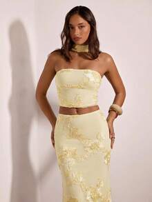 Opulessa Women's Elegant Romantic Tropical Sexy Exquisite Embroidered Halter Top And Maxi Skirt 2 Pieces Set Wedding Pale Yellow Summer Garden Party Vacation - Apricot - View 5
