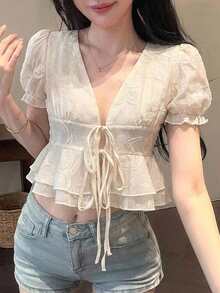 Joudiya 女款夏季白色蕾絲歐根紗荷葉邊開襟襯衫，休閒街頭婚禮風收腰繫帶短袖上衣 - 白色 - 查看 6