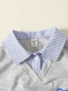 SHEIN Tween女孩灰色休閒羅紋領羅紋袖口喇叭A字領襯衫領返校洋裝，適合休閒穿著、外出、運動與派對 - 灰色 - 查看 3