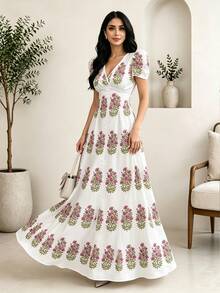 Modelyn 女款紫色扇形花卉印花白色時尚V領泡泡短袖長洋裝，舒適夏季女裝，適合日常與外出穿著 - 彩色 - 查看 4