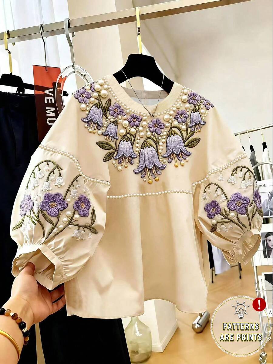 Resyla 女士优雅花卉刺绣灯笼袖宽松衬衫，适合春、夏、秋季穿着 - 彩色 - 查看 1