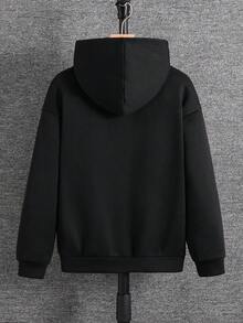 兒童青少年男孩休閒黑色連帽衛衣，格紋帽子，休閒，日常穿著，學校，冬季 - 黑色 - 查看 3