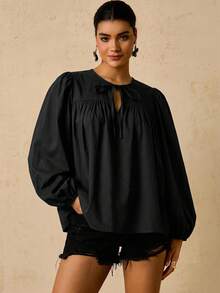 Travachic Plus Size Women's Long Sleeve Round Neck Tie Front Solid Black Bohemian Style Elegant Blouse, Lantern Sleeve Outing Top, Beach Office Vacation Fall - Black - View 6