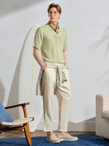 VeloEdit Pantalon décontracté ample à jambes droites en lin tissé de couleur unie pour hommes, style plage, détente et vacances - Nude - Voir 3