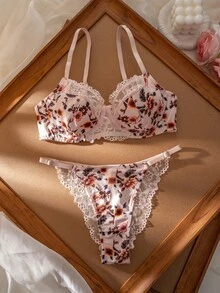 SHEIN 女款印花蕾絲拼接鋼圈薄罩杯舒適內衣套裝 2件組 - 粉色 - 查看 3