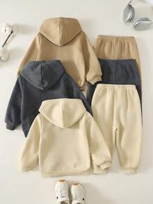 SHEIN 6件組男嬰秋冬休閒可愛卡其灰純色長袖連帽衛衣灰色連帽褲套裝基礎多件套運動服男嬰慢跑褲冬季衣物 - 彩色 - 查看 2