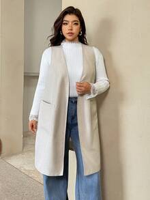 Auralis 大尺碼女款純色口袋休閒百搭日常穿著夾克 - 卡其色 - 查看 7