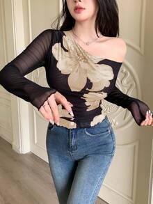 Modelyn 女款純色網布拼接印花不對稱肩不對稱設計百褶極簡性感T恤 - 杏色 - 查看 8