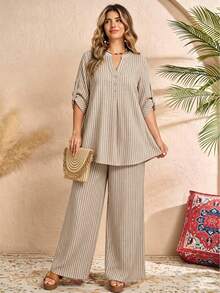 EMERY ROSE Plus Size Women's Casual Long Sleeve Shirt And Pants 2 Pieces Set, Women's Striped Set, Women's Casual Set Fall - Multicolor - View 3