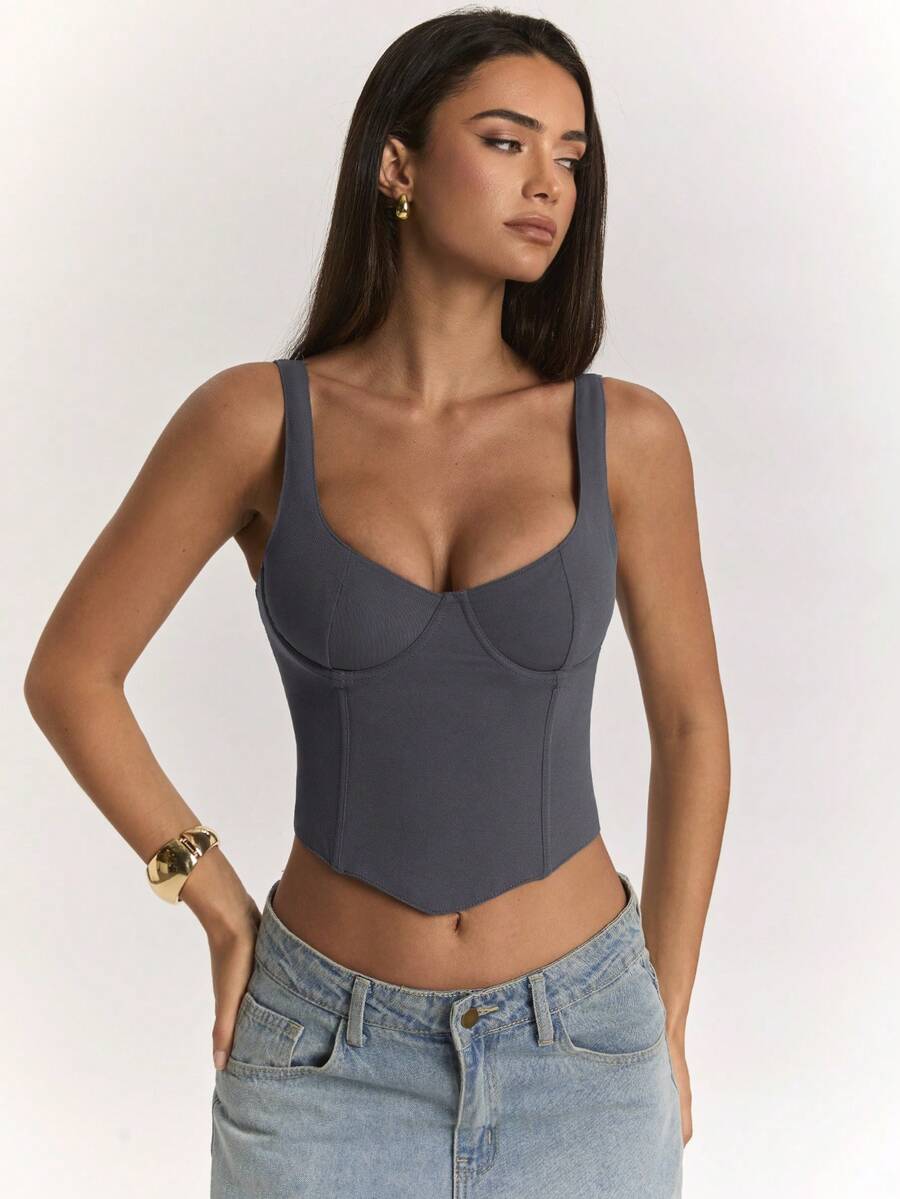 SHEIN BAE Women's Solid Color Cropped Fitted Casual Tank Top Halloween - Dark Grey - View 1