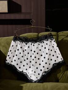 SilkySpell Lace Trim Polka Dot Print Faux Silk Sexy Pajama Shorts - Multicolor - View 2