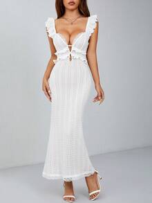 SHEIN PETITE Party Vacation White Hollow Crocheted Textured Ruffled Cap Sleeves Straps Back Elegant Sexy Long Fishtail Dress Graduation Petite Women Wedding Summer - White - View 5