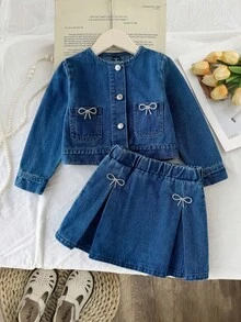 Girls' Autumn/Spring Denim 2-Piece Set, Baby Blue Washed Denim Jacket With Pockets, Rhinestone Bow, High-Waist A-Line Skirt, Pleated Design, School - Blue - View 3
