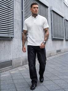 Manfinity CasualCool 男士立領 Polo 衫，針織提花面料，休閒日常穿著，時尚百搭風格 - 白色 - 查看 5
