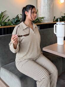 leahseptember 女款 2 件套 寬鬆條紋 V 領落肩長袖 T 恤與鬆緊腰條紋長褲，冬季毛衣套裝，世界盃優雅風 - 杏色 - 查看 4