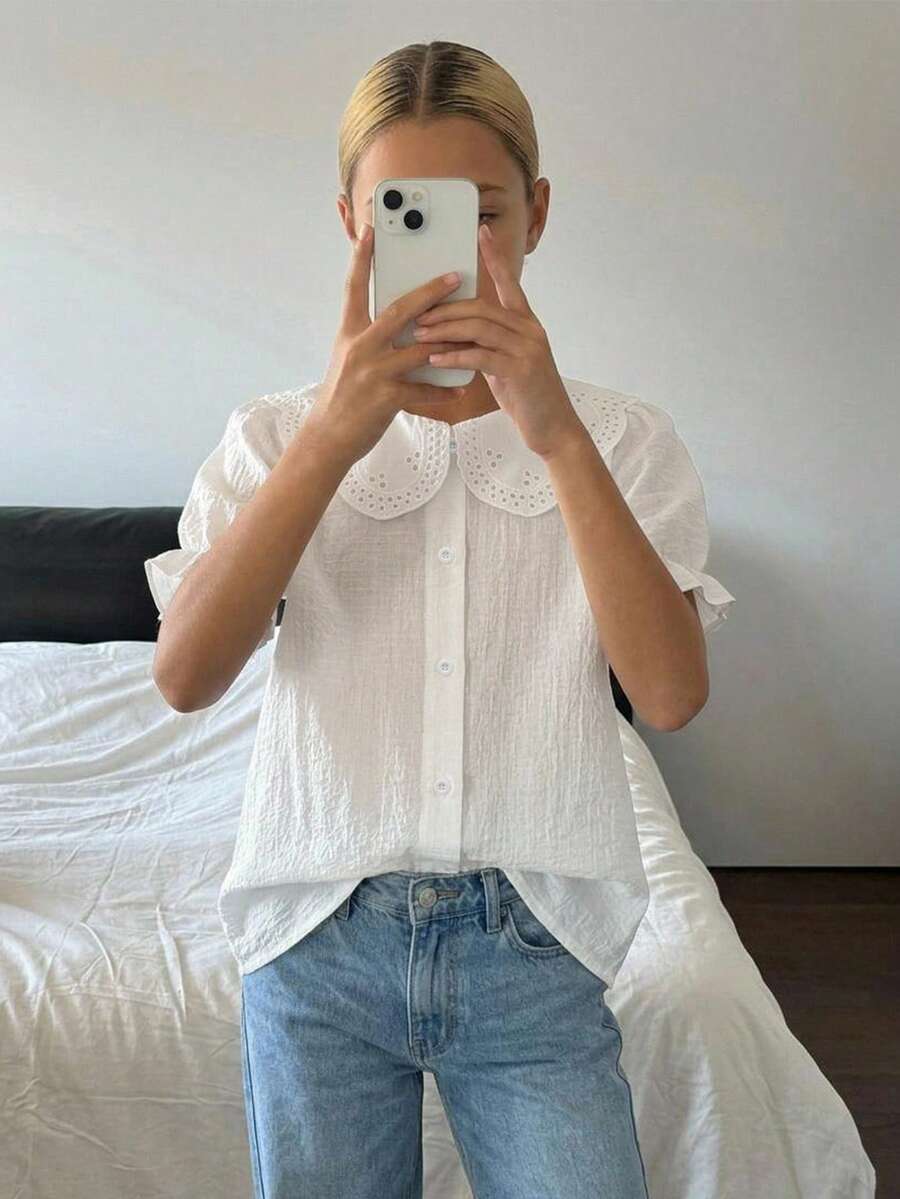 Hapijoa 青少年女孩秋季服飾 青少年女孩翻領短袖襯衫 夏季 - 白色 - 查看 1