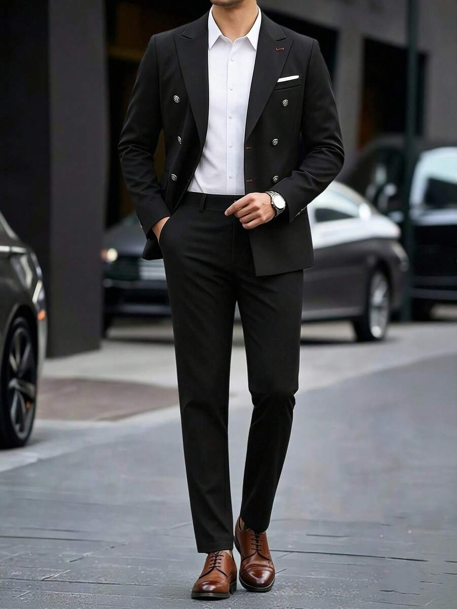 Manfinity Mode Men's Business Suit Set, Black Contrast Color Tie Design Fabric, Mature Business Casual Gentleman Suit 2 Pieces Set - Black - View 1