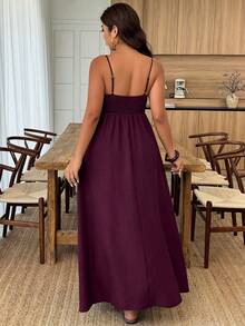 Weeklong Plus Size Women's Spring/Summer Spaghetti Strap Dress With 3D Floral Decor, Cinched Waist, A-Line Casual Elegant Wedding Formal Burgundy - Burgundy - View 2