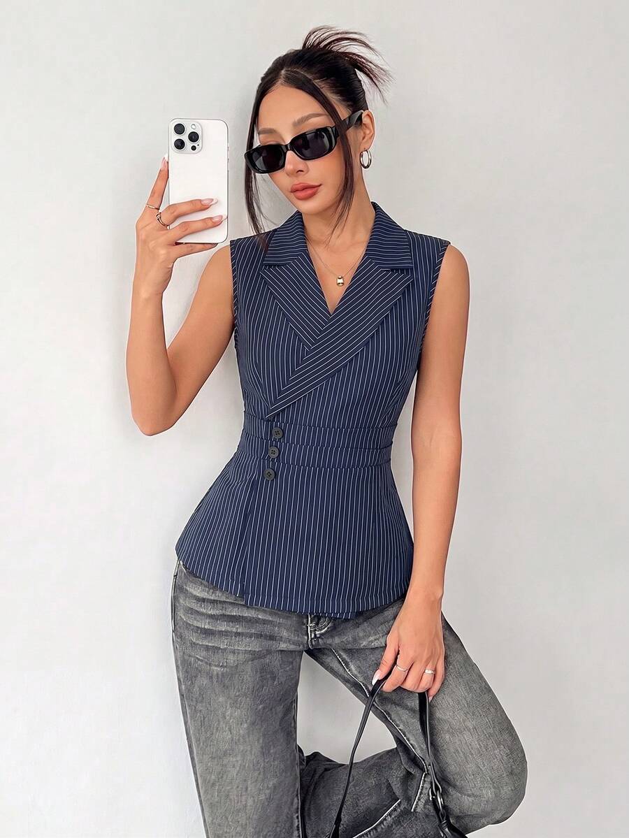 SHEIN Unity V-Neck Sleeveless Ruched Design Fashionable Premium Elegant Commuter Style Women's Summer Lightweight Blazer - Blue - View 1